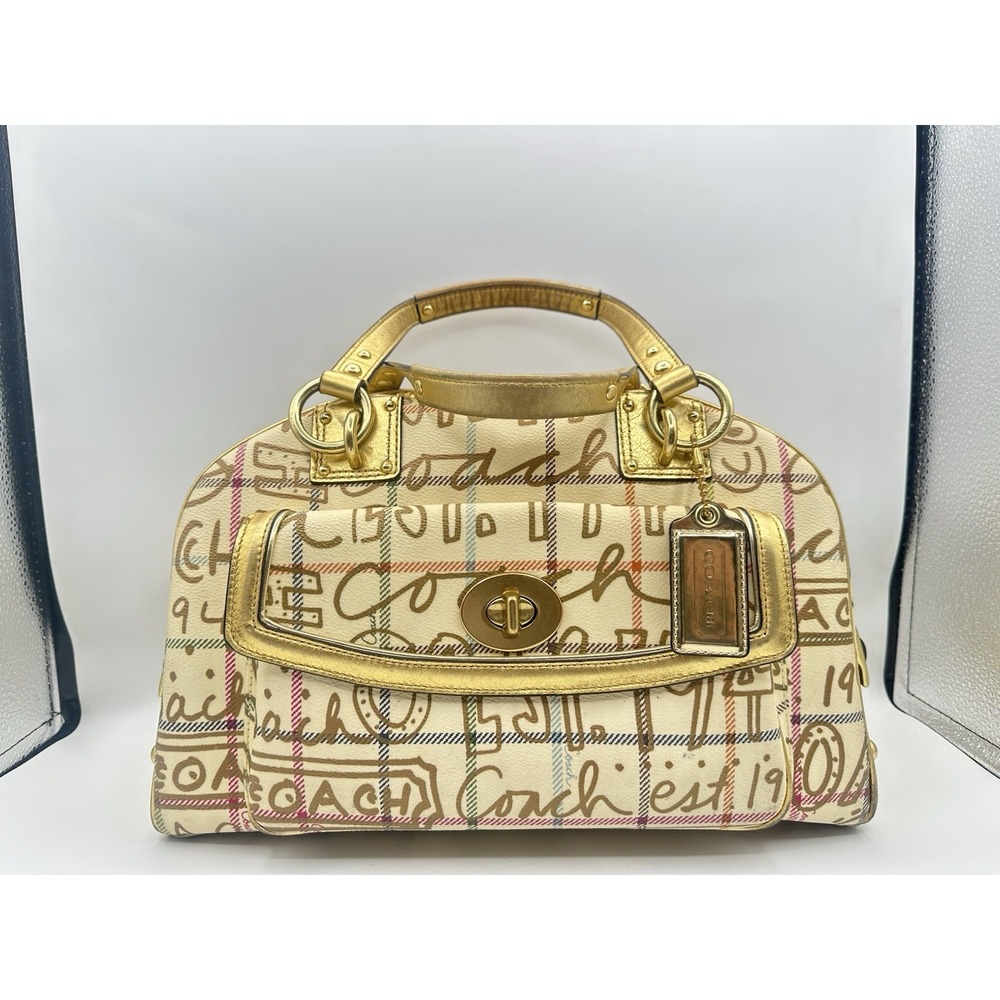 Vintage Coach Chelsea Graffiti Tattersall Handbag Multicolor Plaid Gold Leather